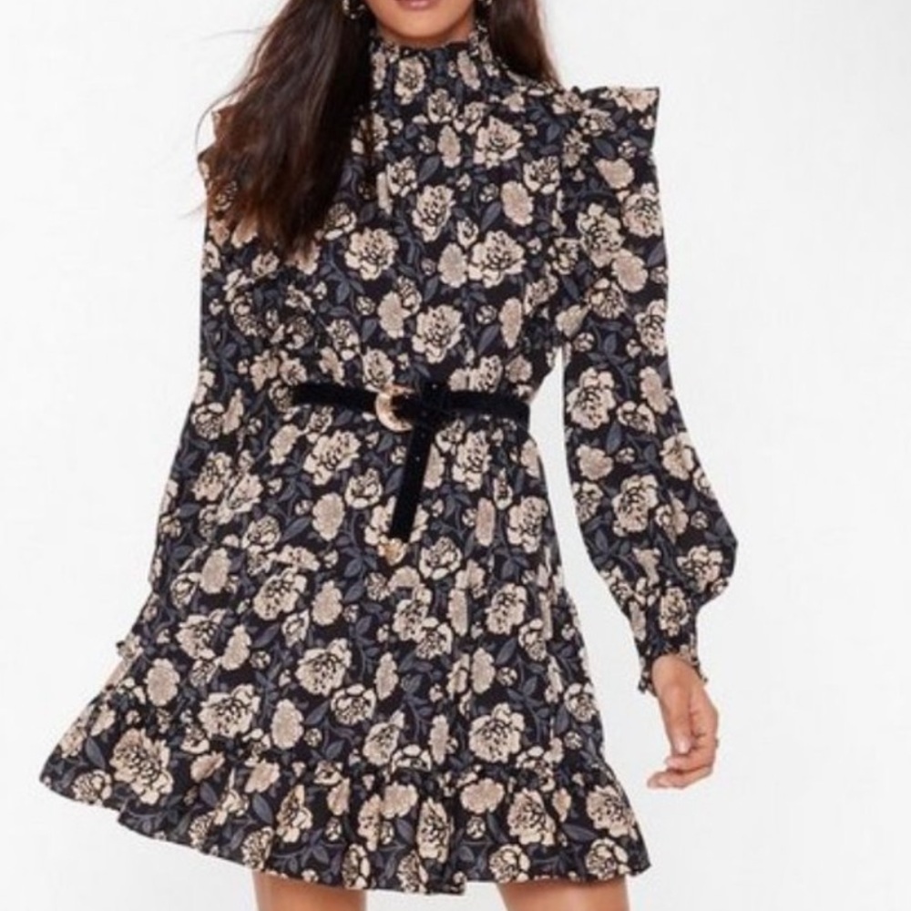Nasty Gal Black and Cream Floral Dress